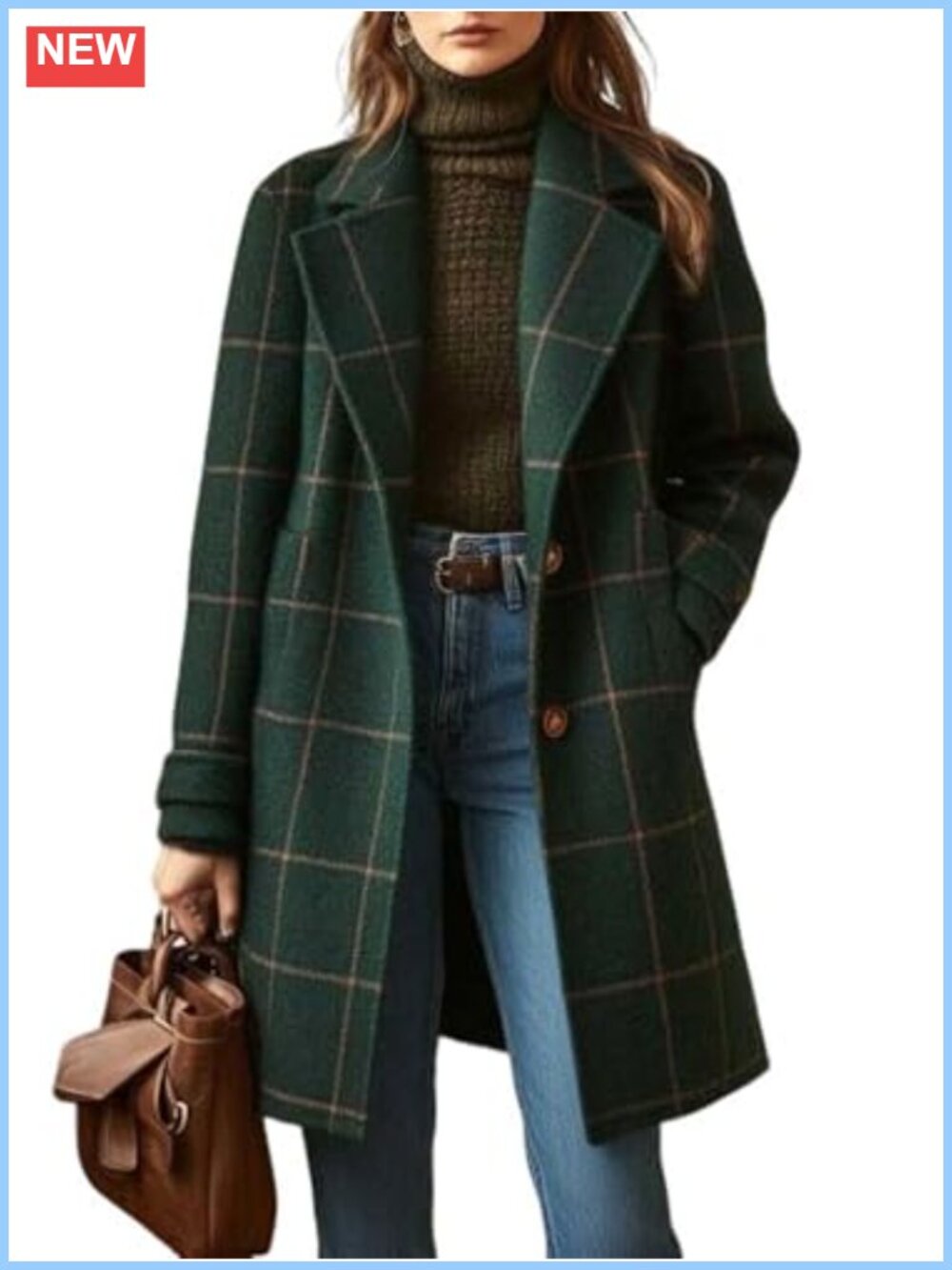 Women's Plaid Long Wool Blend Coat Lapel Button Down Winter Overcoat